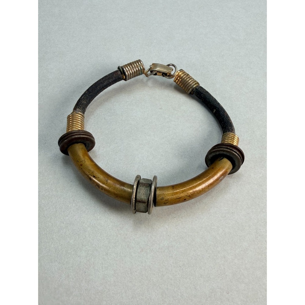Industrial Style Bracelet Mixed Metal Tone Black Leather Cord Hardware Design 7"